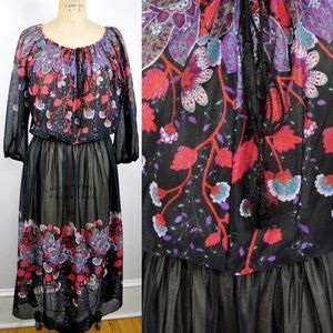 Vintage Tie Neck Union black floral paisley Dress